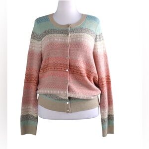 Talbots Fair Isle Lambswool/Mohair Colorful Crew Neck Button Down Sweater Size L